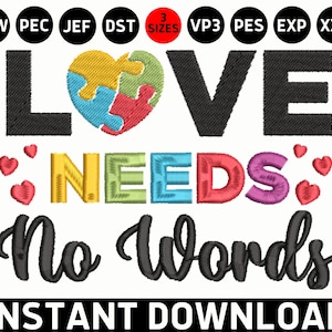 Ricamo autismo cuore, L&#39;amore non ha bisogno di parole Applique DST, Design ricamo macchina per la consapevolezza dell&#39;autismo, Nastro pezzo puzzle