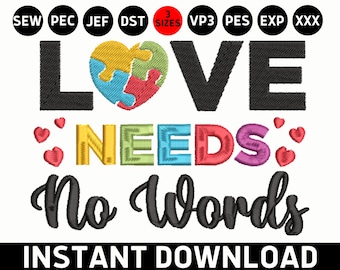Heart Autism Embroidery, Love Needs No Words Applique DST, Autism Awareness Machine Embroidery Design, Puzzle Piece Ribbon
