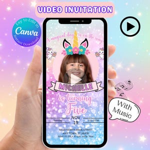 Unicorn Birthday Video Invitation Template, Unicorn Birthday Invite, Editable Unicorn Birthday Party Canva Template, Unicorn Invitation