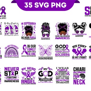Chiari Malformation Awareness Svg Png Bundle, Purple Ribbon Svg Cricut File Sublimation Design