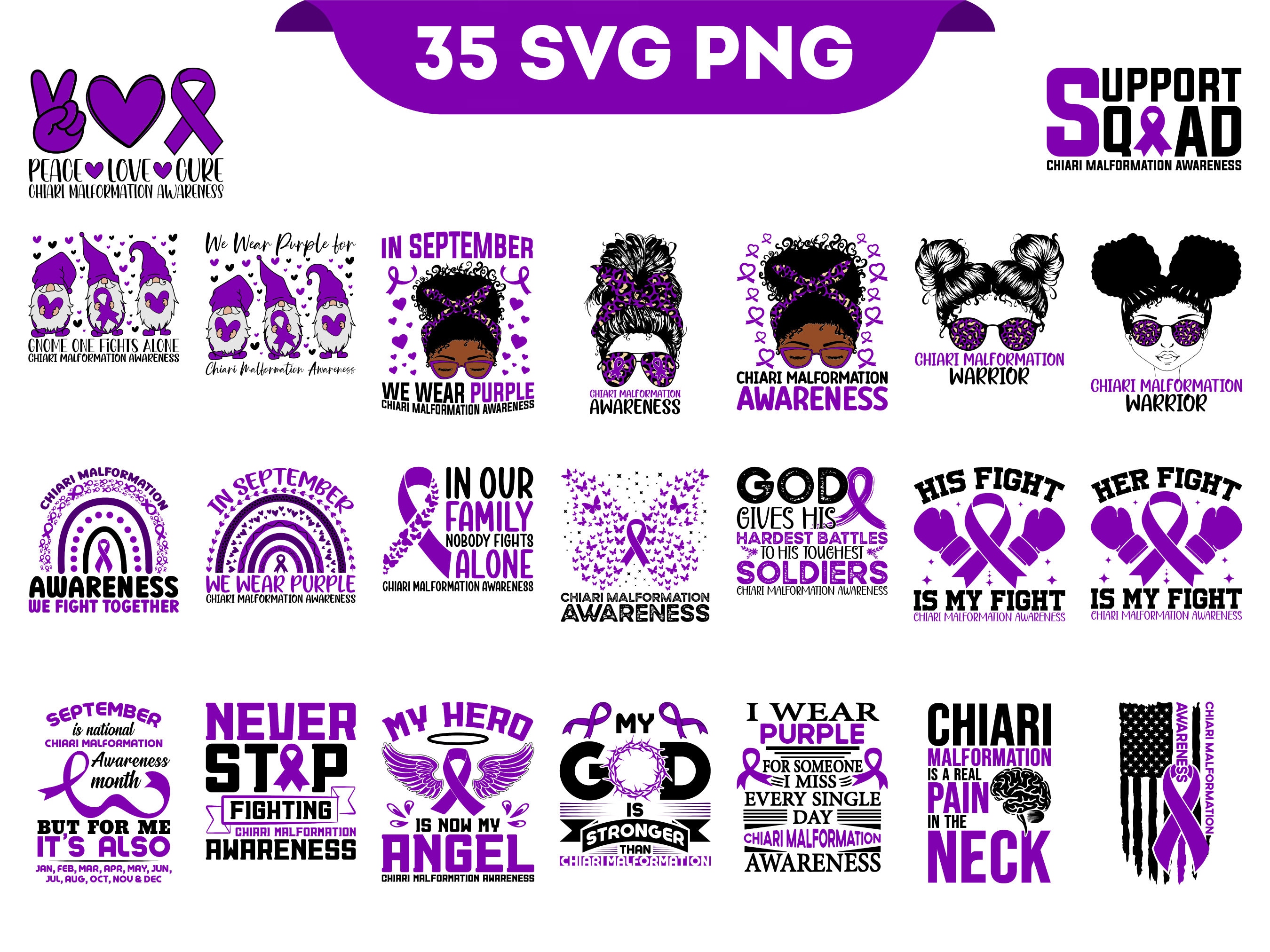 Chiari Malformation Awareness Svg Png Bundle, Purple Ribbon Svg Cricut File Sublimation Design