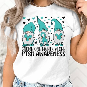 PTSD Awareness Svg Png, Gnome One Fights Alone Svg, Teal Ribbon Post-traumatic Stress Disorder Svg Cricut File Sublimation Design