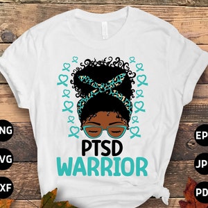 PTSD Awareness Svg Png, PTSD Warrior Afro Messy Bun Svg, Teal Ribbon Post-traumatic Stress Disorder Svg Cricut File Sublimation Design