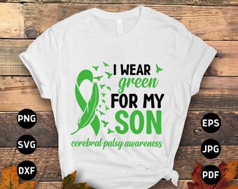 May include: White t-shirt with a green ribbon and green birds, with the text "I wear green for my son cerebral palsy awareness".