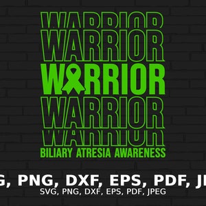 Op de afbeelding: Een heldergroen grafisch ontwerp met het woord "WARRIOR" verticaal gestapeld, met een groen lintsymbool. De tekst "BILIARY ATRESIA AWARENESS" staat eronder. Bevat bestandsformaten: SVG, PNG, DXF, EPS, PDF, JPEG.