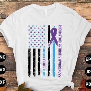 Reumatoïde artritis bewustzijn SVG PNG, vlag niemand vecht alleen SVG, blauw paars lint SVG Cricut PNG sublimatie ontwerp