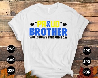 May include: White t-shirt with a blue and yellow ribbon design and the text "Proud Brother World Down Syndrome Day" with two black hearts on either side of the ribbon.