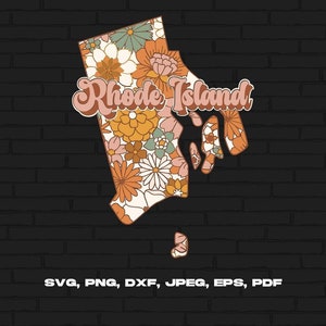 Rhode Island State Svg Png, Rhode Island Map Svg, Retro Rhode Island Flower Svg Cricut Cut File Silhouette Sublimation Design