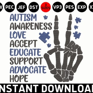 Ricamo autistico, amore accetta educare applique DST, disegno di ricamo macchina di consapevolezza dell&#39;autismo mano scheletro, nastro pezzo di puzzle