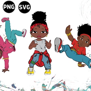 Hip-Hop-Afro-Schwarz-Mädchen-junge-Tänzer-Clipart-Png-Svg, afroamerikanische Tänzer-Kunst, rappender Break-Dance-Geburtstags-Party-Svg Cricut Sublimation