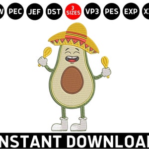 Cinco De Mayo Taco Embroidery, Avocado Maracas Dst, Mexican Fiesta Pes File, Mexican Hat Sombrero Machine Embroidery Design File