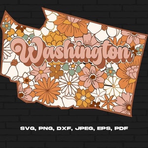 Washington State Svg Png, Washington Map Svg, Retro Washington Flower Svg Cricut Cut File Silhouette Sublimation Design