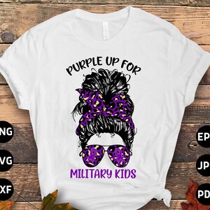 Purple Up for Military Kids Messy Bun Svg Png, Month of the Military Child Svg, Purple Ribbon Svg Cricut Cut File Sublimation Design