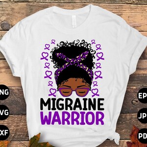 Migraine Awareness Svg Png, Migraine Warrior Afro Messy Bun Svg, Purple Ribbon, Chronic Headache Pain Support Svg Cricut Sublimation Design