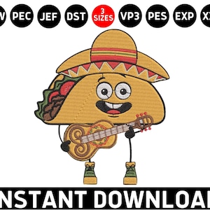 Cinco De Mayo Taco Embroidery, Taco Playing Guitar Dst, Mexican Fiesta Pes File, Mexican Hat Sombrero Machine Embroidery Design File