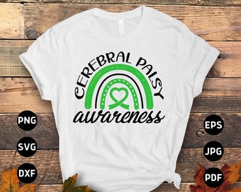 May include: White t-shirt with a green and black rainbow design and the text "Cerebral Palsy Awareness".