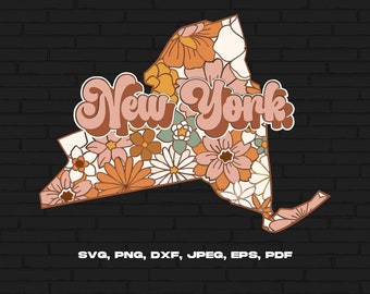 Estado de Nueva York svg png, mapa de Nueva York svg, retro flor de Nueva York svg cricut corte archivo silueta diseño de sublimación