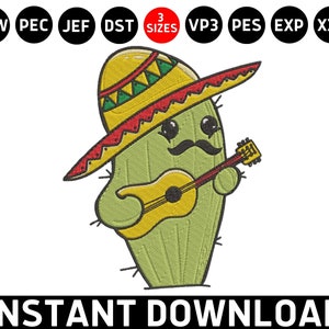Cactus Play Guitar Embroidery, Cinco De Mayo Cactus Embroidery, Mexican Fiesta Pes File, Mexican Hat Sombrero Machine Embroidery Design File