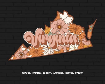 Virginia State Svg Png, Virginia Map Svg, Retro Virginia Flower Svg Cricut Cut File Silhouette Sublimation Design