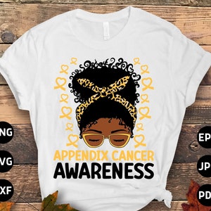 Appendix Cancer Awareness Svg Png, Afro Messy Bun Appendix Cancer Svg, Amber Ribbon Svg Cricut File Png Sublimation Designs