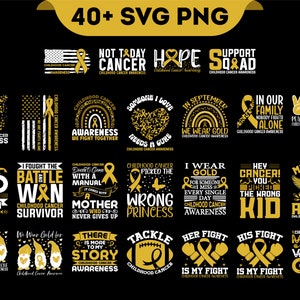 Childhood Cancer Awareness Svg Png Bundle, Pediatric Cancer Warrior Survivor Family Support Gold Ribbon Svg Cricut Png Sublimation Designs