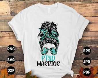 PTSD 啓発 SVG PNG、PTSD 戦士のメッシー バン SVG、ティール リボン 心的外傷後ストレス障害 SVG Cricut ファイル昇華デザイン