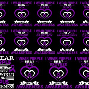 May include: A digital design featuring a purple heart with a white ribbon inside. The text "I Wear Purple" is repeated throughout the design, with variations for different family members. The text "Lupus Awareness" is also repeated throughout the design.