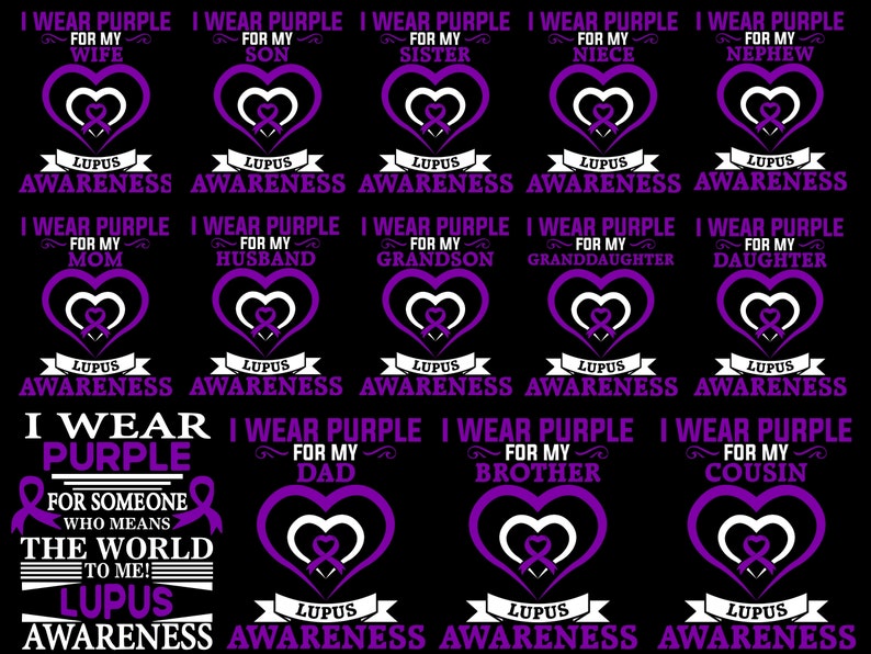 May include: A digital design featuring a purple heart with a white ribbon inside. The text "I Wear Purple" is repeated throughout the design, with variations for different family members. The text "Lupus Awareness" is also repeated throughout the design.