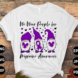 Migraine Awareness Svg Png, We Wear Purple for Migraine Gnome Svg, Purple Ribbon Chronic Headache Pain Support Svg Cricut Sublimation Design