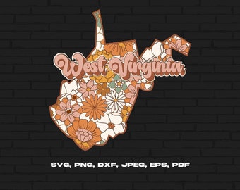 West Virginia State Svg Png, West Virginia Map Svg, Retro West Virginia Flower Svg Cricut Cut File Silhouette Sublimation Design