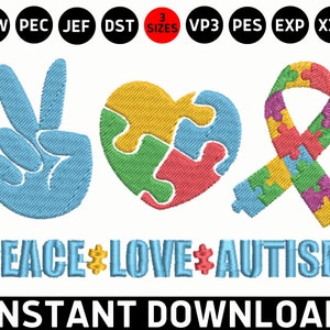 Ricamo autistico, Applique per autismo Peace Love DST, Design ricamo macchina per la consapevolezza dell&#39;autismo, Nastro pezzo puzzle