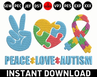 Autism Embroidery, Peace Love Autism Applique DST, Autism Awareness Machine Embroidery Design, Puzzle Piece Ribbon