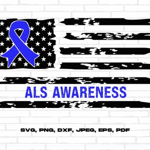 May include: A distressed American flag design with a blue ribbon in the top left corner and the text "ALS AWARENESS" in blue letters below the flag.