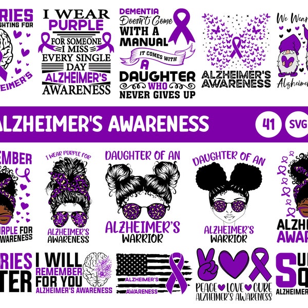 Ensemble Svg de sensibilisation à la maladie d'Alzheimer, ruban violet Svg, silhouette Alzheimer prise en charge des fichiers Svg fichiers Svg Png sublimation