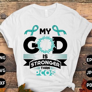 PCOS 戦士 SVG PNG、私の神は PCOS よりも強い SVG、卵巣症候群啓発ティールリボン Cricut ファイル PNG 昇華デザイン