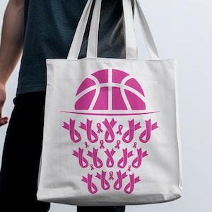 Breast Cancer Basketball Tote Bag, Breast Cancer Awareness Tote Bag, Pink Ribbon Tote Bag, Breast Cancer Support Tote Bag