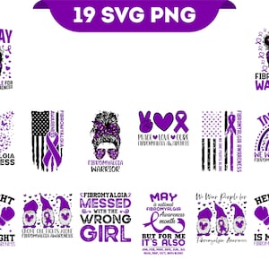 Fibromyalgia Awareness Svg Png Bundle, Purple Ribbon Svg, Fibro Warrior Survivor Flag Family Support Cricut File Png Sublimation Designs
