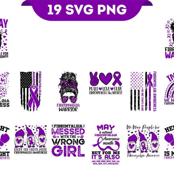 Fibromyalgia Awareness Svg Png Bundle, Purple Ribbon Svg, Fibro Warrior Survivor Flag Family Support Cricut File Png Sublimation Designs