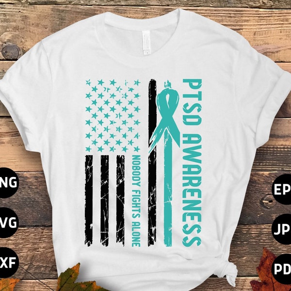 PTSD Awareness Svg Png, Nobody Fights Alone Svg, Teal Ribbon Post-traumatic Stress Disorder Svg Cricut File Sublimation Design