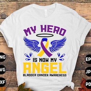 Concientización sobre el cáncer de vejiga Svg Png, Mi héroe es ahora mi ángel Svg, Cinta conmemorativa del cáncer de vejiga Soporte Svg Cricut Diseño de sublimación de archivos