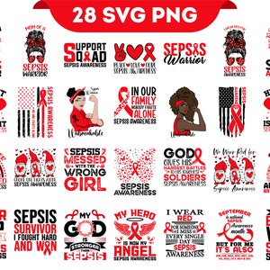 Sepsis Awareness Svg Png Bundle, Bloodstream Infection Septicemia Red Ribbon Svg, Sepsis Warrior Survivor Support Svg Cricut Png Sublimation
