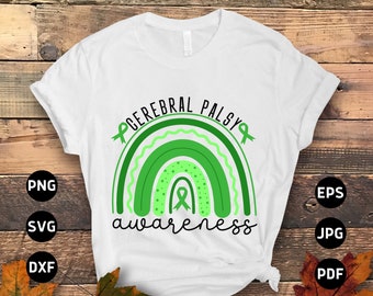 May include: White t-shirt with a green rainbow design and the text "Cerebral Palsy Awareness" with green ribbon accents.