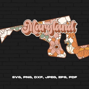 Maryland State Svg Png, Maryland Map Svg, Retro Maryland Flower Svg Cricut Cut File Silhouette Sublimation Design