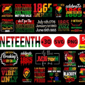 May include: A collection of 30 digital design files for Juneteenth, a holiday celebrating the emancipation of enslaved African Americans in the United States. The designs feature various graphics, including a black fist, a sunflower, and the text "Juneteenth 1865".