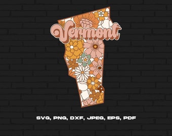 Vermont State Svg Png, Vermont Map Svg, Retro Vermont Flower Svg Cricut Cut File Silhouette Sublimation Design