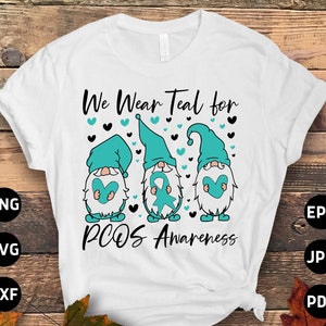 PCOS 啓発 SVG PNG、PCOS ノームにはティールを着る SVG、卵巣症候群ティールリボン Cricut ファイル PNG 昇華デザイン