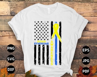 May include: A white t-shirt with a distressed American flag design. The flag has a yellow ribbon with a blue stripe down the middle. The text "Down Syndrome Awareness" is written vertically on the flag.