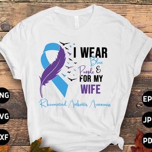 Reumatoïde artritis bewustzijn Svg Png, ik draag blauw & paars voor mijn vrouw Svg, blauw paars lint Svg Cricut Png sublimatie Design