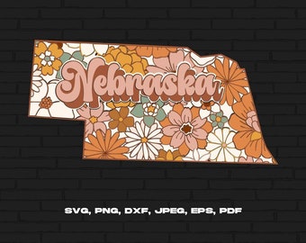 État du Nebraska Svg Png, Nebraska carte Svg, rétro Nebraska fleur Svg Cricut coupe fichier Silhouette Sublimation Design