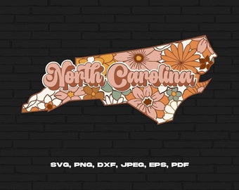 North Carolina State Svg Png, North Carolina Map Svg, Retro North Carolina Flower Svg Cricut Cut File Silhouette Sublimation Design
